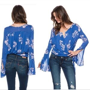 Vintage FREE PEOPLE blue pink floral wrap top bell split slv side waist tie S